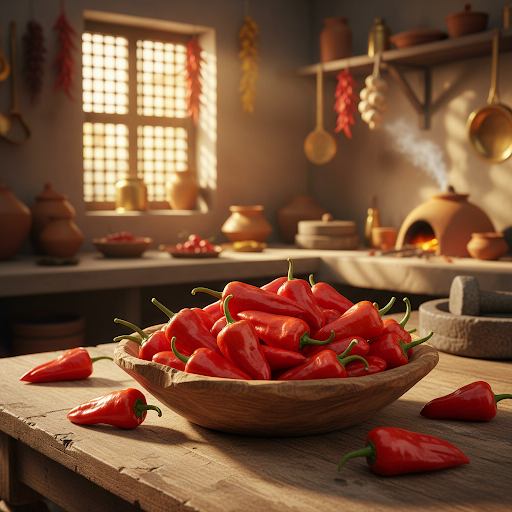 Fresh Banarasi chilies in a wooden bowl
