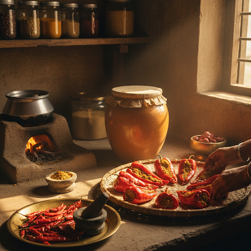Traditional Banarasi Lal Mirch Bharwa in a rustic kitchen